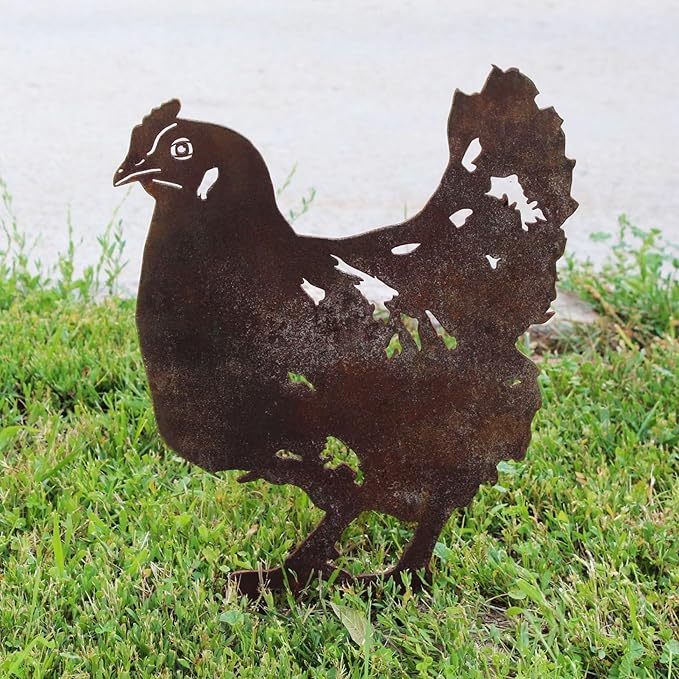 Corten Steel Chicken Silhouette Rusting Yard Stake