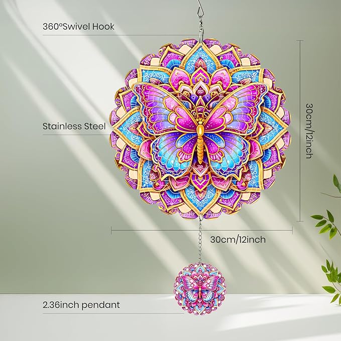 Wind Spinners Outdoor Butterfly, 12 inch Laser Cut Metal Art Geometric Pattern Wind Spinners Craft Decor Birthday Gifts for Women and Mom - Hanging Kinetic for Yard, Garden, Patio, Outdoor