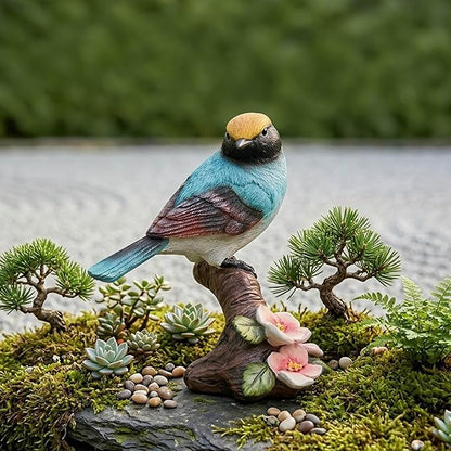 Garden Bird Statue for Outdoor Decor, Blue Bird Figurine Perched on Branch with Pink Flowers for Backyard Yard Patio, Bird Decorations for Home Shelf, Mother's Day Birthday Gifts