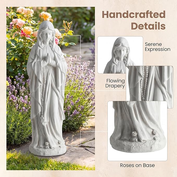 Giantex Virgin Mary Praying Statue 29.5", Blessed Mother Outdoor Religious Statue with Rosary Beads, Weather-Resistant MgO Catholic Yard Decor for Lawn, Patio, Prayer Garden & Memorial, Off White
