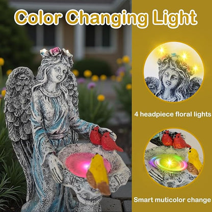 Mrocioa Solar Outdoor Garden Decor Angel Statue Light with Color Changing Birdbath, Waterproof Led Home Decor Figurine Lights for Yard Patio Front Porch, Housewarming Gifts for Easter Spring