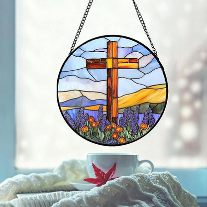 DASTOLL Christian Gifts for Women - Cross Stained Glass Window Hanging Jesus Easter Purple Flower Mountain Sun Catcher Garden Religion Decor Mother's Day Catholic Gift for Men Grandma Nana Her 9.8"