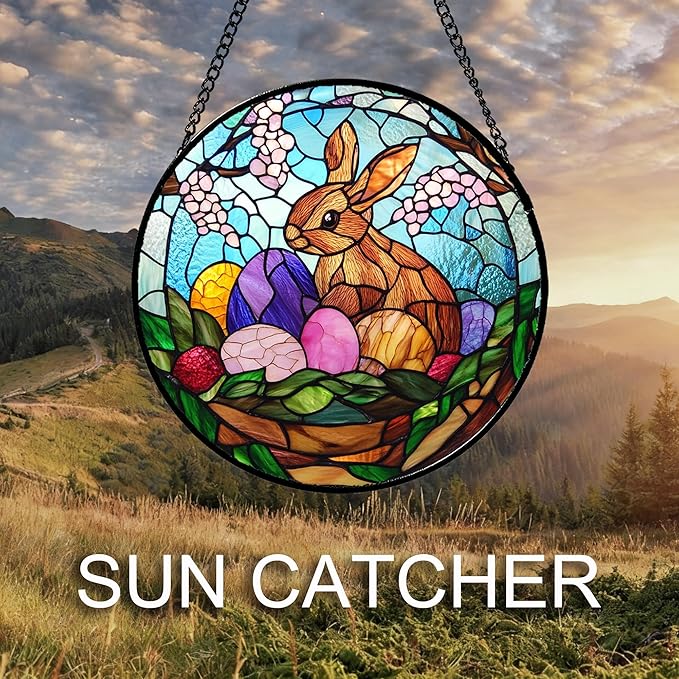 CHATYOUNG Stained Glass Window Hanging Rabbit Easter Egg 7.8" - Colorful Suncatcher Door Garden Home Decor and Christmas Mother's Day Birthday Easters Gift for Grandma Mom Women Wife Friend