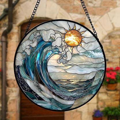 DASTOLL Stained Glass Window Hanging, Blue Night Moon Lake Sun Catchers Colorful Glass Panel Landscape Suncatcher Decor for Birthday for Women, Men, Wife, Aunt, and Mom 11.8x11.8 in