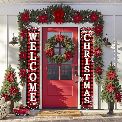 Ivenf Outdoor Christmas Decorations Yard: Red Black Buffalo Plaid Front Porch Sign Set, Hanging Welcome Merry Christmas Decorations for Home, Indoor Outdoor New Year Xmas Wall Front Door Yard Décor