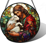 DASTOLL Stained Glass Window Hanging, Jesus Little Lamb Sun Catchers Colorful Glass Panel Christianity Suncatcher Decor for Birthday for Women, Men, Wife, Aunt, and Mom 7.8 in
