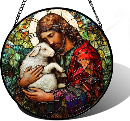 DASTOLL Stained Glass Window Hanging, Jesus Little Lamb Sun Catchers Colorful Glass Panel Christianity Suncatcher Decor for Birthday for Women, Men, Wife, Aunt, and Mom 9.8 in