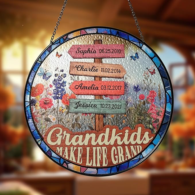 NAZENTI Custom Stained Glass Window Hanging Suncatcher with Kids Name, Gifts for Gigi, Mother's Day, Grandma Flower Garden Grandkids Names Sign Personalized, Grandma Gifts from Grandkids