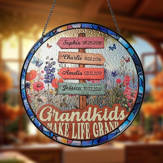 NAZENTI Custom Stained Glass Window Hanging Suncatcher with Kids Name, Gifts for Gigi, Mother's Day, Grandma Flower Garden Grandkids Names Sign Personalized, Grandma Gifts from Grandkids