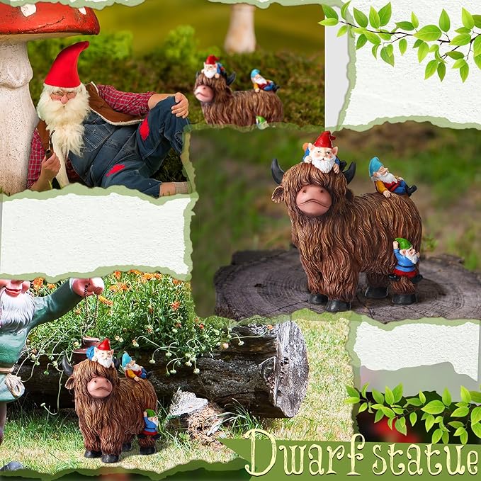 Suzile Garden Gnomes Statues Decor 9.84'' Highland Cow Garden Statues Resin Gnome Sitting on Highland Cow Birthday Gifts for Woman Mom for Home Table Yard Patio Lawn Porch