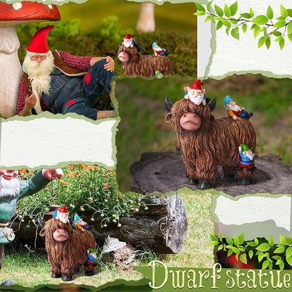 Suzile Garden Gnomes Statues Decor 9.84'' Highland Cow Garden Statues Resin Gnome Sitting on Highland Cow Birthday Gifts for Woman Mom for Home Table Yard Patio Lawn Porch
