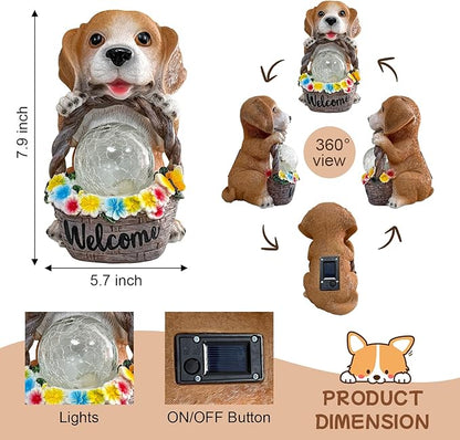 Solar Dog Garden Statues Decor with Flower Waterproof Figurine Resin Sculpture Gift for Mom Grandma, Outdoor Decorations for Porch Patio Lawn Yard Home House Gardening Birthday Housewarming (Dog)