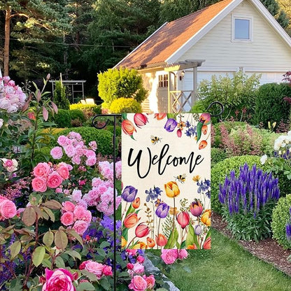 Baccessor Spring Summer Easter Tulip Welcome Garden Flag Double Sided Bee Colorful Floral Small Burlap Yard House Seasonal Farmhouse Outside Outdoor Decoration 12.5 x 18 Inch