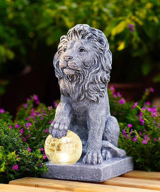 Nacome Guardian Lion Garden Statue: Outdoor Decor Sculpture with Ball Lights for Yard Art Porch Patio - Unique Birthday Gifts for Women Mom(9.45in)