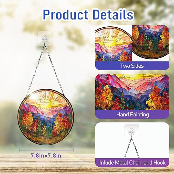 7.8 Inch Stained Glass Window Hanging Sunrise Mountains Tree Sun Catcher Indoor Window Door Wall Yard Home Decor Landscape Colorful Glass Panel Suncatcher Gifts for Women Men Mom Grandma
