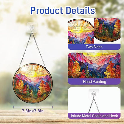 7.8 Inch Stained Glass Window Hanging Sunrise Mountains Tree Sun Catcher Indoor Window Door Wall Yard Home Decor Landscape Colorful Glass Panel Suncatcher Gifts for Women Men Mom Grandma
