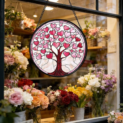 DASTOLL Stained Glass Window Hanging, Pink Love Heart Tree Suncatcher Hangings Beige Sun Catchers Decor for Birthday Holiday for Women, Men, Wife, Aunt, Mom 7.8 in