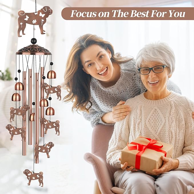 Pug Wind Chimes, Pug Gifts for Pug Lovers Women Men, Dog Metal Windchimes, Outdoor Memorial Housewarming Birthday Gifts, Patio Décor