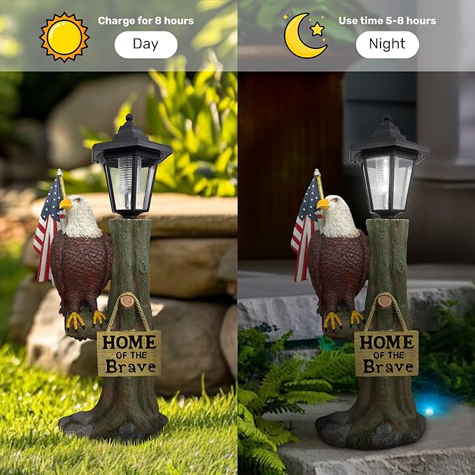 14x6 Inch Eagle Outdoor Solar Statue, Resin Garden Decor Outdoor Waterproof, Eagle Statue with American Flag for Patios, Yards, Home of The Brave Yard Lawn Gift for Mom Dad Grandpa