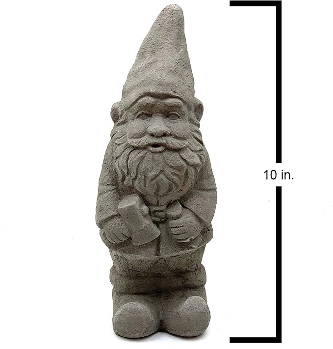 Garden Gnome with Hatchet: Solid Durable Stone Statue with Vintage Texture. Sealed for Outdoor Use. Handcrafted USA. (Antique/Gray)