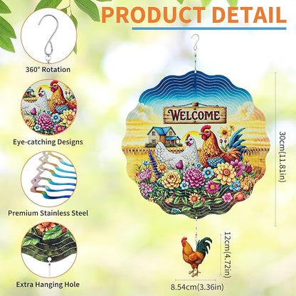 Farmhouse Rooster Wind Spinners Outdoor - Chicken Gifts for Women Mom Men Dad Grandpa, 3D Cute Wind Spinner for Yard Patio Ornament Garden Decor, 12 Inch Hanging Kinetic Metal Wind Sculpture