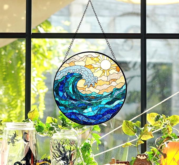 Stained Glass Window Hanging Sun Catcher 7.8 in, Ocean Wave Glass Panel Suncatcher for Indoor Window Decor, Coastal Home Beach Decor Gift for Women, Men, Wife, and Mom