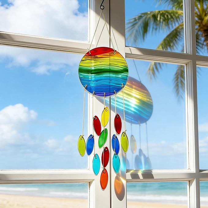 YU FENG Rainbow Stripe Disc Glass Wind Chime – Vibrant Colorful Hanging Decor for Indoor Spaces & Windows