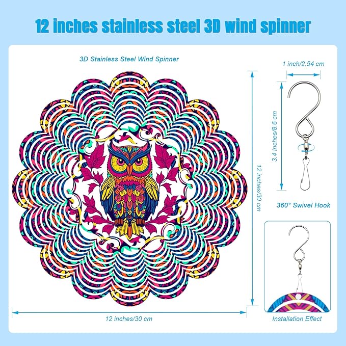 Wind Spinners Outdoor, Owl Metal 3D Hanging Garden Decor, 12-inch Stainless Steel Wind Spinner with Tail Spinner, Wind Sculptures for Patio Lawn Yard, Ornament Gift for Women/Men