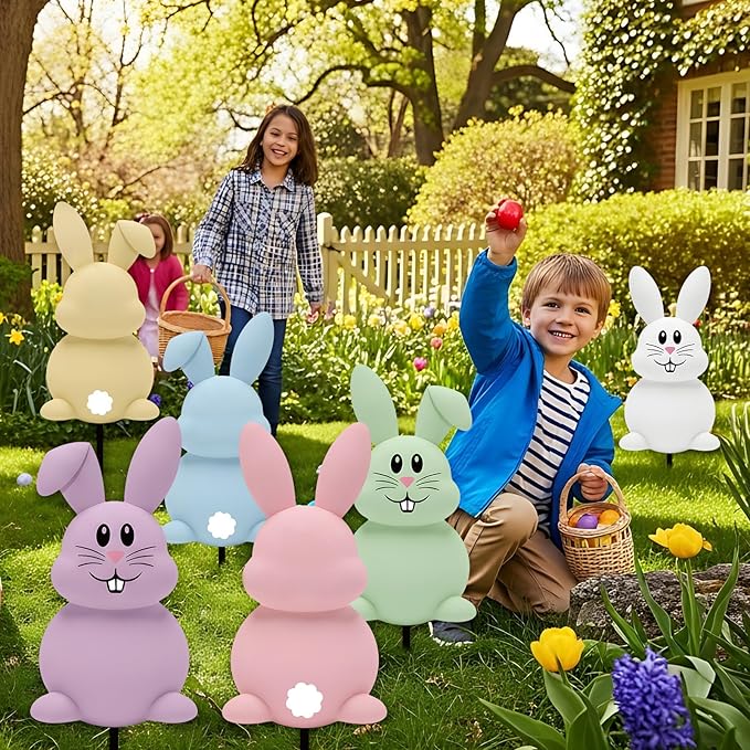 6 Pcs Outdoor Easter Bunny Decorations, 15.7 Inch Metal Easter Bunny Garden Stakes, Double-Sided Pastel Rabbit Yard Signs with Stakes for Spring Lawn Patio Garden Decor & Photo Props