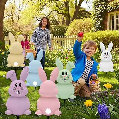 6 Pcs Outdoor Easter Bunny Decorations, 15.7 Inch Metal Easter Bunny Garden Stakes, Double-Sided Pastel Rabbit Yard Signs with Stakes for Spring Lawn Patio Garden Decor & Photo Props