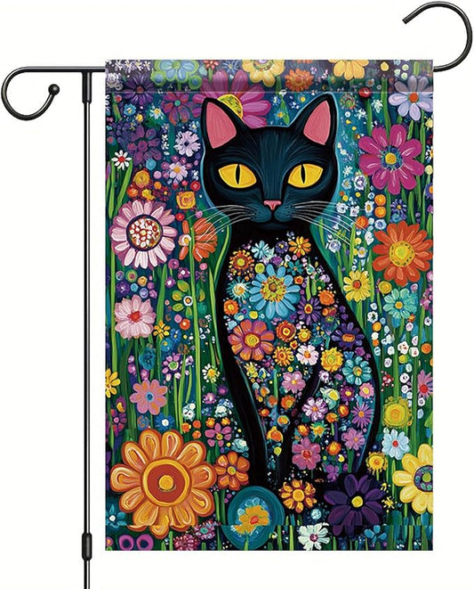 Spring Summer Garden Flag 12x18 Inch Black Cat Colorful Floral Art Design Outdoor Yard Porch Lawn Garden for Seasonal Farmhouse Boho Home Decor