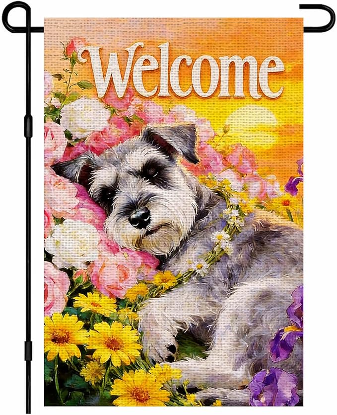 IVN Welcome Dog Garden Flag 12x18 Inch – Floral Puppy Spring Summer Outdoor Flag, Double Sided Burlap Yard Flag for Porch Lawn Patio Decor