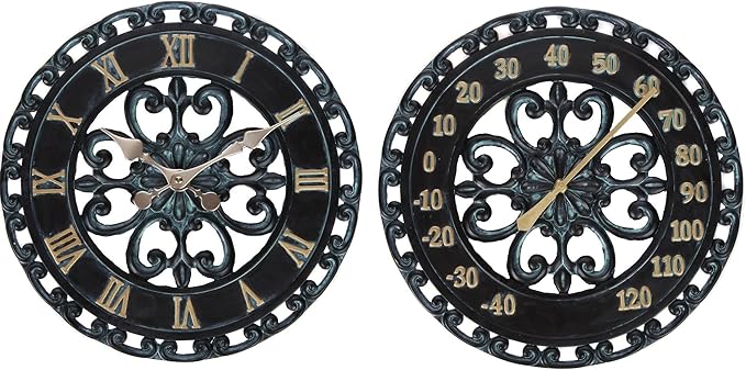 Lily's Home Hanging Verdigris Wall Clock and Dial Thermometer Set, Ideal for Indoor and Outdoor Use, Makes a Great Housewarming Gift, Black (13 Inches)