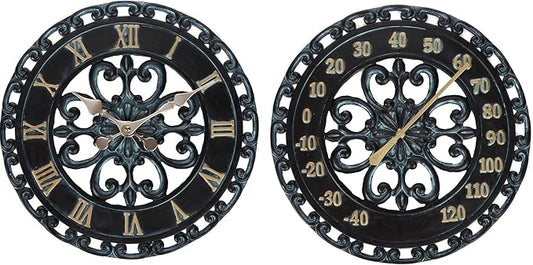 Lily's Home Hanging Verdigris Wall Clock and Dial Thermometer Set, Ideal for Indoor and Outdoor Use, Makes a Great Housewarming Gift, Black (13 Inches)