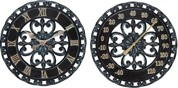 Lily's Home Hanging Verdigris Wall Clock and Dial Thermometer Set, Ideal for Indoor and Outdoor Use, Makes a Great Housewarming Gift, Black (13 Inches)