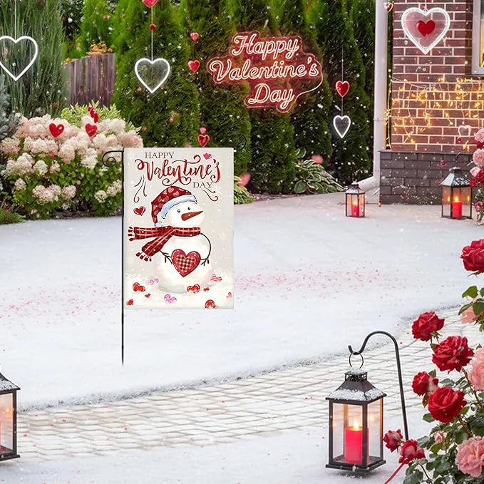 Happy Valentine’s Day Garden Flags 12x18 Inch Double Sided, Watercolor Snowman Small Seasonal Decoration for Holiday Anniversary Wedding Yard Outside Outdoor
