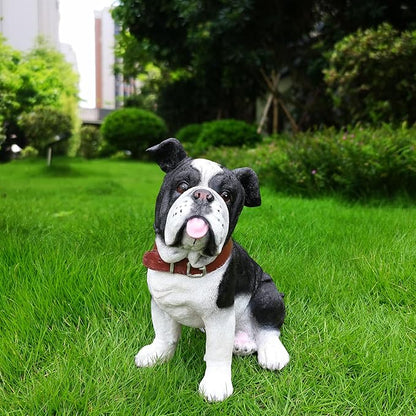 English Bulldog Garden Statue with Solar Lantern, Realistic Dog Sculpture, Birthday Gift for Women Mom Grandma, Housewarming Gift for New Home, Outdoor Resin Puppy Decor,Black & White
