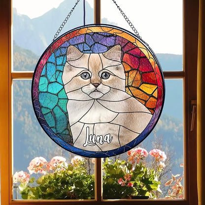 NAZENTI Personalized Cat Stained Glass Suncatcher, Memorial Keepsake Remembrance Gift for Fur Lovers, Custom Name Pet Photo Ornament Window Hanging, Home Decor, Sympathy Gift for Loss of Cat
