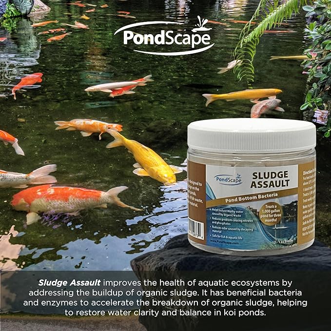 PondScape Sludge Assault Pond Cleaner – Pond Muck & Sludge Remover, Improves Water Clarity, Reduces Odors & Nitrates, Suitable for Koi, Fish & Aquatic Life – Treats 12,000 Gallons – 12 x 1oz Blocks