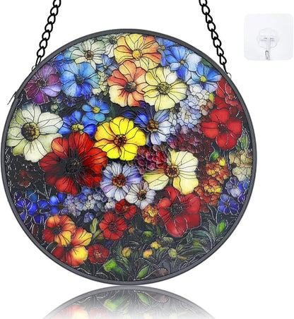 Stained Glass Window Hanging - 6.3 Inch Colorful Wildflowers Plant Gifts for Women, Flower Suncatcher for Window Home Door Wall Garden Outdoor Decor for Adults Men Mom Wife