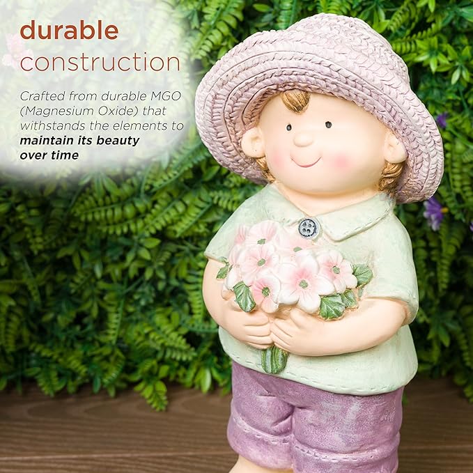 Alpine Corporation QWR1458 Outdoor Little Boy with Flowers Garden Statue, Playful Child Statue for Yard, 16" H, Purple