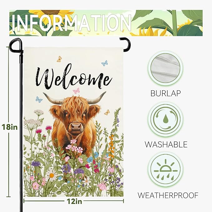 Welcome Spring Highland Cow Garden Flag Highland Cow with Flowers Burlap Yard Flag Seasonal Summer Bull Butterfly House Banner for Farmhouse Rustic Holiday Outdoor Decor 12x18 Inch