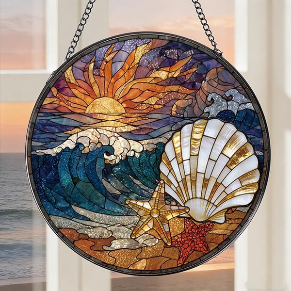 Rngmsi Beach Stained Glass Window Hanging, 7.8″ Shells Conch Sun Catchers with Hook Indoor Window Decor Gift, Decorative Sun Catchers Ornaments Home Garden Art for Housewarming