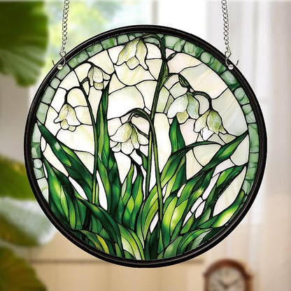 CREATCABIN Lily of The Valley Suncatcher Round Sun Catchers Stained Acrylic Flower Floral Window Wall Art Hanging Decoration with Metal Ball Chain for Living Room Bedroom Home Garden Ornament 9.8 Inch