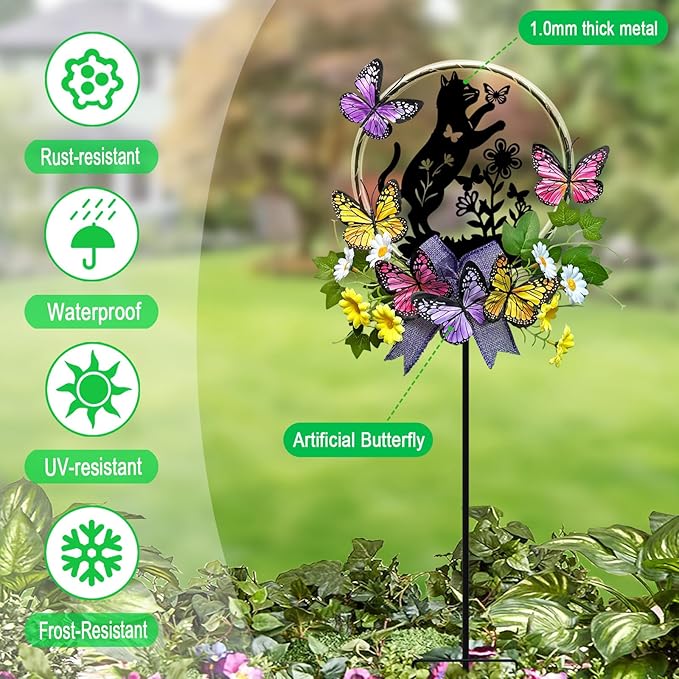 Cat Solar Lights Outdoor Garden,Silhouette Cat with Butterflies Waterproof Garden Stake for Yard, Lawn,Best Gifts for Women