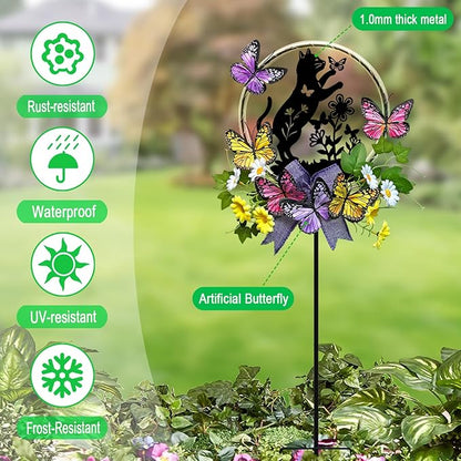 Cat Solar Lights Outdoor Garden,Silhouette Cat with Butterflies Waterproof Garden Stake for Yard, Lawn,Best Gifts for Women