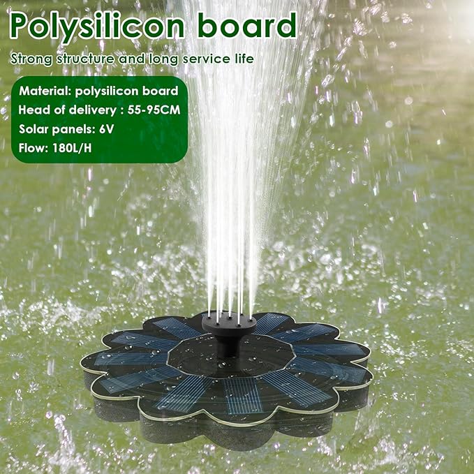 Solar Fountain for Bird Bath, Solar Water Fountain Pump for Bird Bath, Solar Bird Bath Fountains with 6 Nozzles for Gardens, Ponds, Pools, Indoors Outdoors