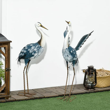 Outsunny Heron Garden Statues, 29" & 27.5" Standing Bird Sculptures, Metal Yard Art Decor for Lawn, Patio, Backyard, Landscape Decoration Set of 2, Blue & White