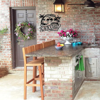 MeMate Personalized Outdoor Sign - Flamingo House Metal Sign for Porch Deck Backyard Patio Pool - Perfect Housewarming Gift