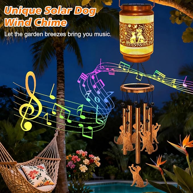 2 Pack Dog Solar Wind Chimes for Outside, Gifts for Mothers Day Mom Women Grandma Birthday Memorial Teacher, 32" Windchimes Outdoor Decor Hanging Solar Lantern for Garden Porch Patio Backyard